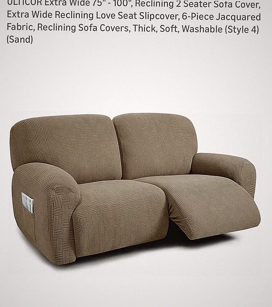 Extra Wide 75"-100" Reclining Love Seat Slipcover, Soft Washable Sand 6-Piece