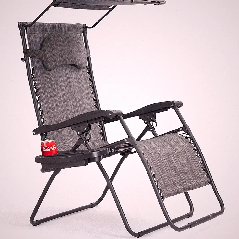 Folding Recliner Zero Gravity Lounge Chair W/ Shade Canopy Cup Holder Gray