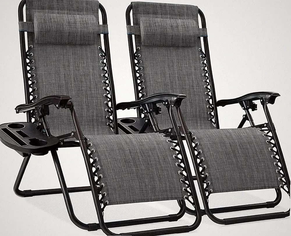 Set of 2 Adjustable Steel Mesh Zero Gravity Lounge Chair Recliners W/Pillows and