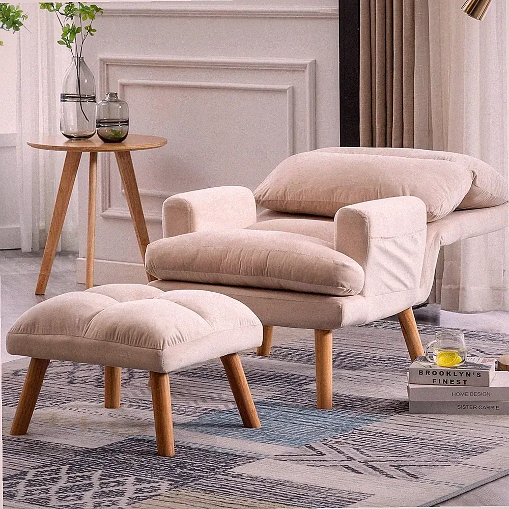 Set of 2 Modern Accent Chair Ottoman Soft Fabric Adjustable Backrest Side Pocket