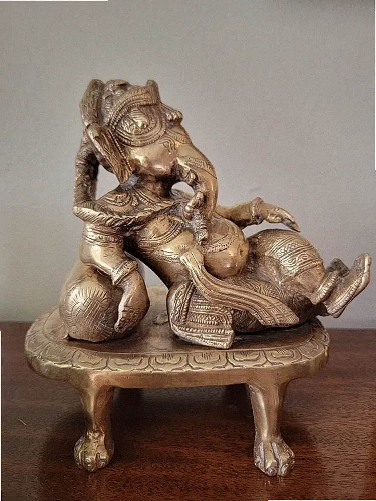 Vintage Hindu God Ganesha Reclining on Sofa Brass Statue Sculpture